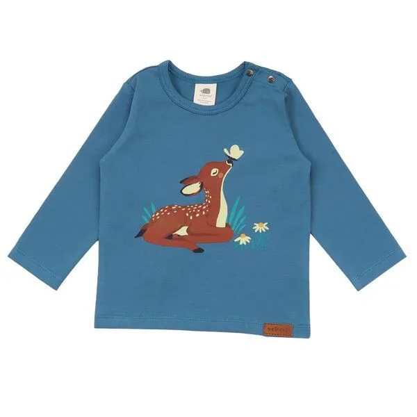 Walkiddy Baby Langarmshirt GOTS zertifiziert, 95% Bio-Baumwolle, blau, Reh-Print, weich & elastisch – Walkiddy – Produktbild 1 von 1