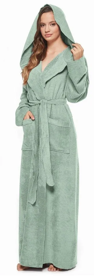 Arus Arus Damenbademantel Angel, extra lang, mit Kapuze, ideal für Zuhause & Wellness, Langform, 100% Baumwolle, Kapuze, Gürtel, mit Kapuze, extra lang, leicht, 100 % Baumwolle-Frottee, Grün, – Produktbild 2 von 5