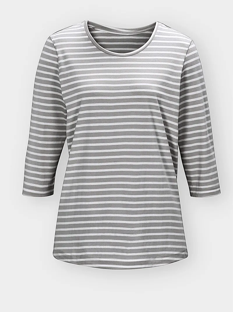 wäschepur Schlafanzug-Shirt steingrau-weiß-geringelt, Steingrau-weiß-geringelt, – Produktbild 1 von 3