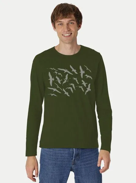 Peaces.bio - handbedruckte Biomode Peaces.bio - handbedruckte Biomode Bio-Herren-Langarmshirt Möwen, Waldgrün, – Produktbild 2 von 2