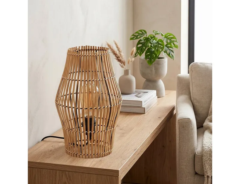 hofstein Tischleuchte Tischlampe aus Metall/Bambus in Schwarz/Naturfarben, ohne Leuchtmittel, Tischleuchte im Boho-Design, Lichteffekt, Schalter am Kabel, 32cm, E27, Beige|schwarz, – Produktbild 2 von 5