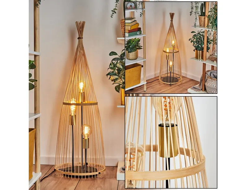 hofstein Stehlampe moderne Stehleuchte aus Metall/Bambus in Schwarz/Naturfarben, ohne Leuchtmittel, Boho-Style, Fußschalter am Kabel, Ø 34 cm, 3 x E27, ohne Leuchtmittel, Beige, – Produktbild 1 von 5