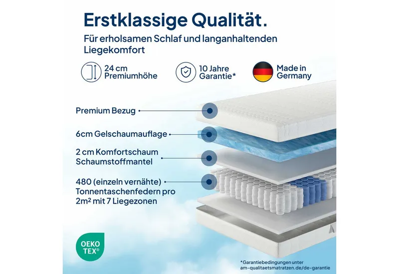 Taschenfederkernmatratze 7-Zonen Federkernmatratze mit Gelschaum, Gelschaum-Matratze, Memory, AM Qualitätsmatratzen, 24 cm hoch, 90x200 cm – Produktbild 3 von 5