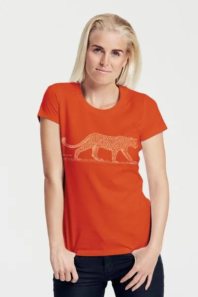 Peaces.bio - handbedruckte Biomode Peaces.bio - handbedruckte Biomode Bio-Damen-T-Shirt "Leopard", Orange, – Produktbild 1 von 1