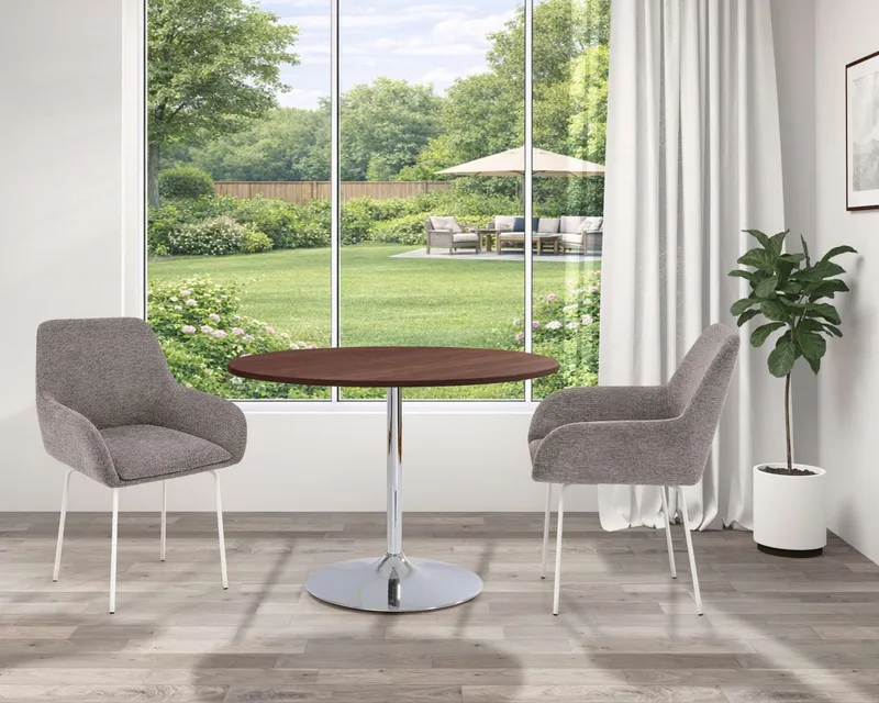 OTTO home Esstisch Trompet, rund, Ø110 cm, Tischplatte Hochglanz oder Holzoptik, Trompetenfuß, Braun, – Produktbild 1 von 4