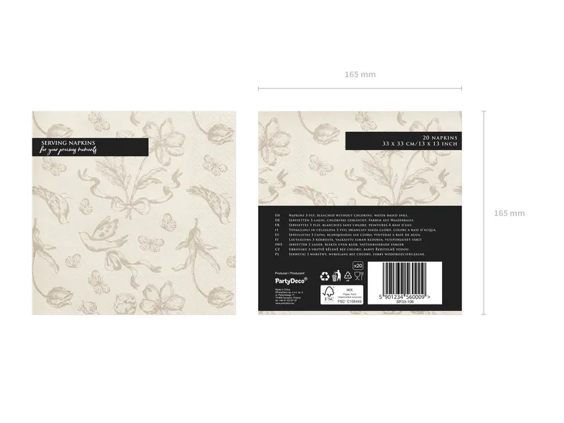 partydeco Papierserviette, Servietten Papier 33x33cm 3-lagig 12 Stück Vintage Blumen & Vögel, Beige, – Produktbild 3 von 5