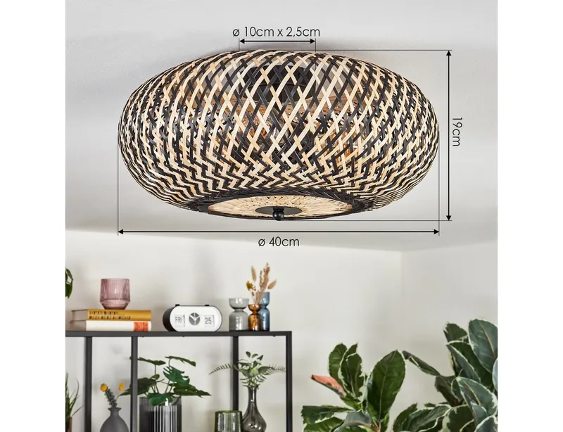 hofstein Deckenleuchte moderne Deckenlampe aus Metall/Bambus in Schwarz/Naturfarben, ohne Leuchtmittel, Boho-Design Deckenleuchte, Lichteffekt an d. Decke, Ø 40 cm, 3-flammig, Beige|schwarz, – Produktbild 4 von 5