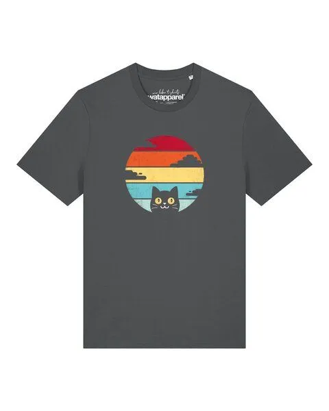 watapparel watapparel T-Shirt Unisex Retro Sunset Cat, Anthracite, – Produktbild 1 von 2
