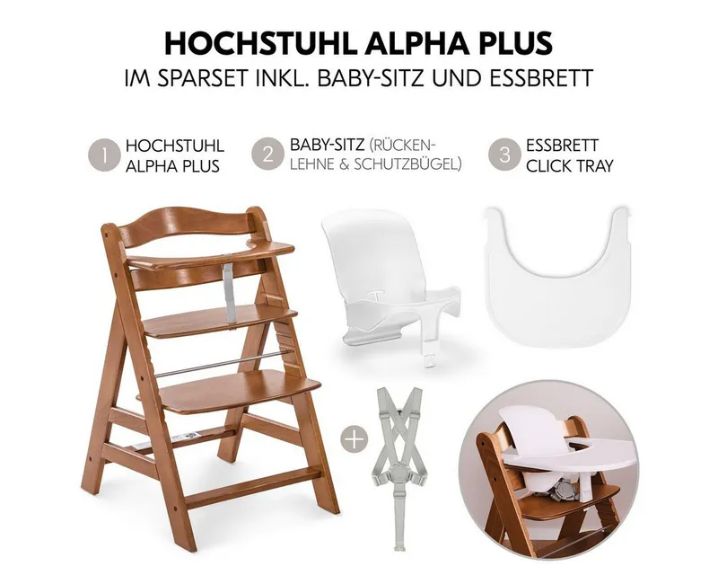 Hauck Hauck Hochstuhl Alpha Plus Set - Walnut, Mitwachsender Holz Kinderhochstuhl mit Essbrett Click Tray & Baby-Sitz, Braun, – Produktbild 2 von 5