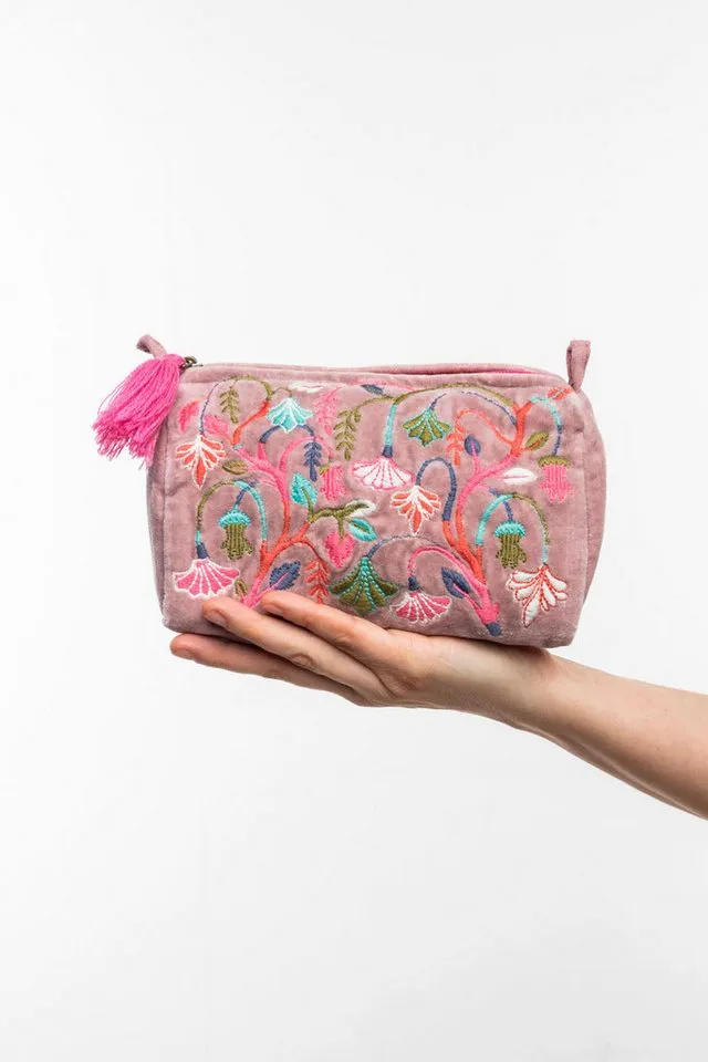 Tranquillo Tranquillo Kosmetiktasche Klein aus Bio-Baumwolle VELVET MEADOW 18x12x8 cm mit Reißverschluss, Samttasche mit floraler Stickerei, für Accessoires und Make-up, Bunt|rosa, – Produktbild 4 von 5
