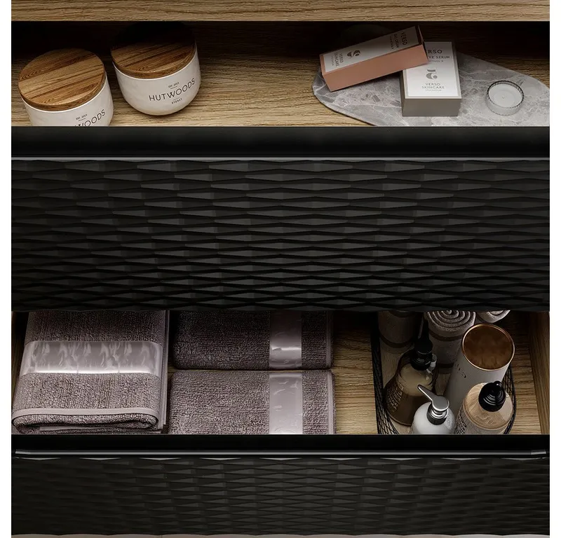Lomadox Badmöbel-Set OLUO-56-BLACK, (Spar-Set, 4-St., Hochschrank LED-Spiegel Doppelwaschtisch), mit 120cm Waschtisch, Eiche mit schwarz, 3D-Oberfläche, Schwarz, – Produktbild 3 von 5