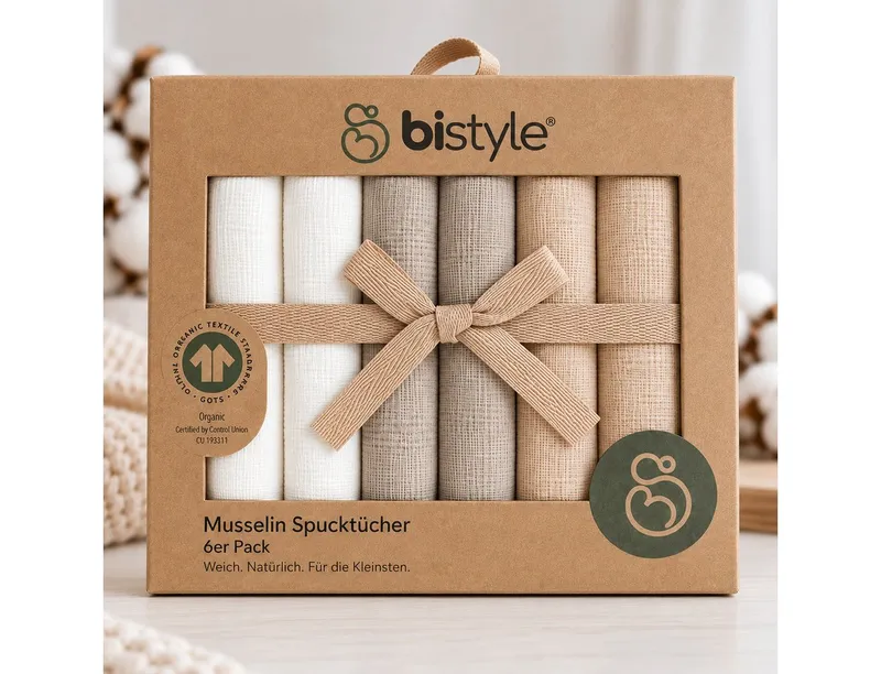 bistyle bistyle Spucktuch Musselin Mulltuch für Babys 20x20cm, (Set, 6-tlg., 6er-Pack), waschbare Musselin-Spucktücher saugstark, 4-lagig, 100% Bio-Baumwolle, Beige, – Produktbild 5 von 5