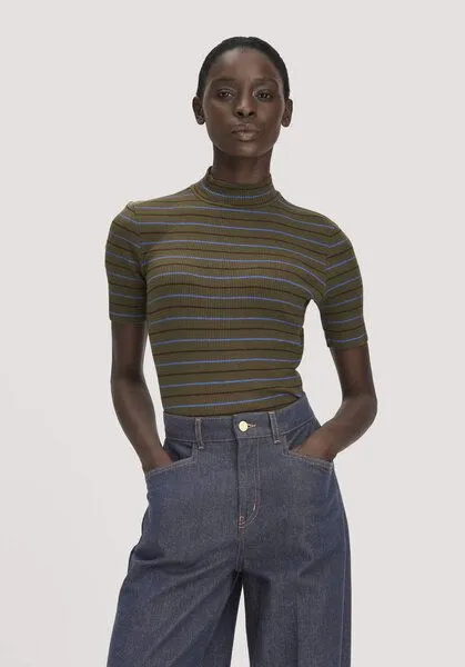 hessnatur hessnatur Slubrib Streifen T-Shirt Slim aus Bio-Baumwolle, Vintage oliv, – Produktbild 1 von 4