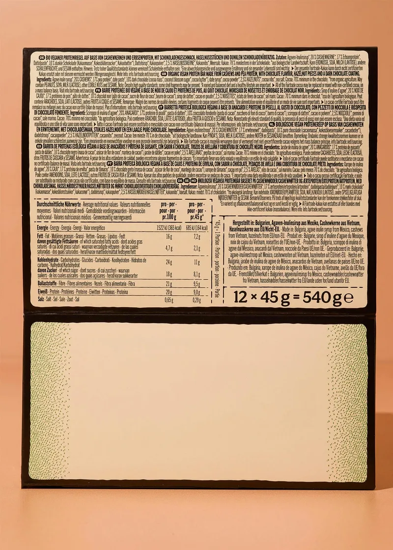 KoRo Vegan Bio Protein Bar Dark Chocolate | 12 x 45 g – Produktbild 1 von 5