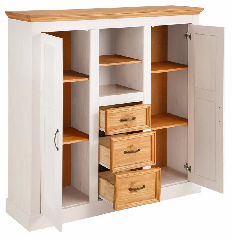 OTTO home Highboard Selma Kommode mit 2 Türen, 3 Schubläden und 8 Fächer, Metallgriffe, massives Kiefernholz, natürliche Maserung & Metallgriffe, 130cm breit, Weiß, – Produktbild 5 von 5