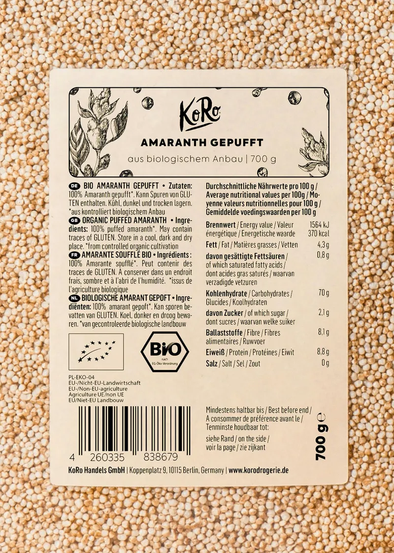 KoRo Gepuffter Bio Amaranth 6 x 700 g – Produktbild 1 von 5