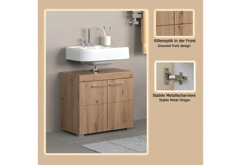 welltime Waschbeckenunterschrank Avena Waschtisch 2türig- Aussparung 26/8 cm - (B/T/H) 60/34/56 cm, Beige, – Produktbild 3 von 4