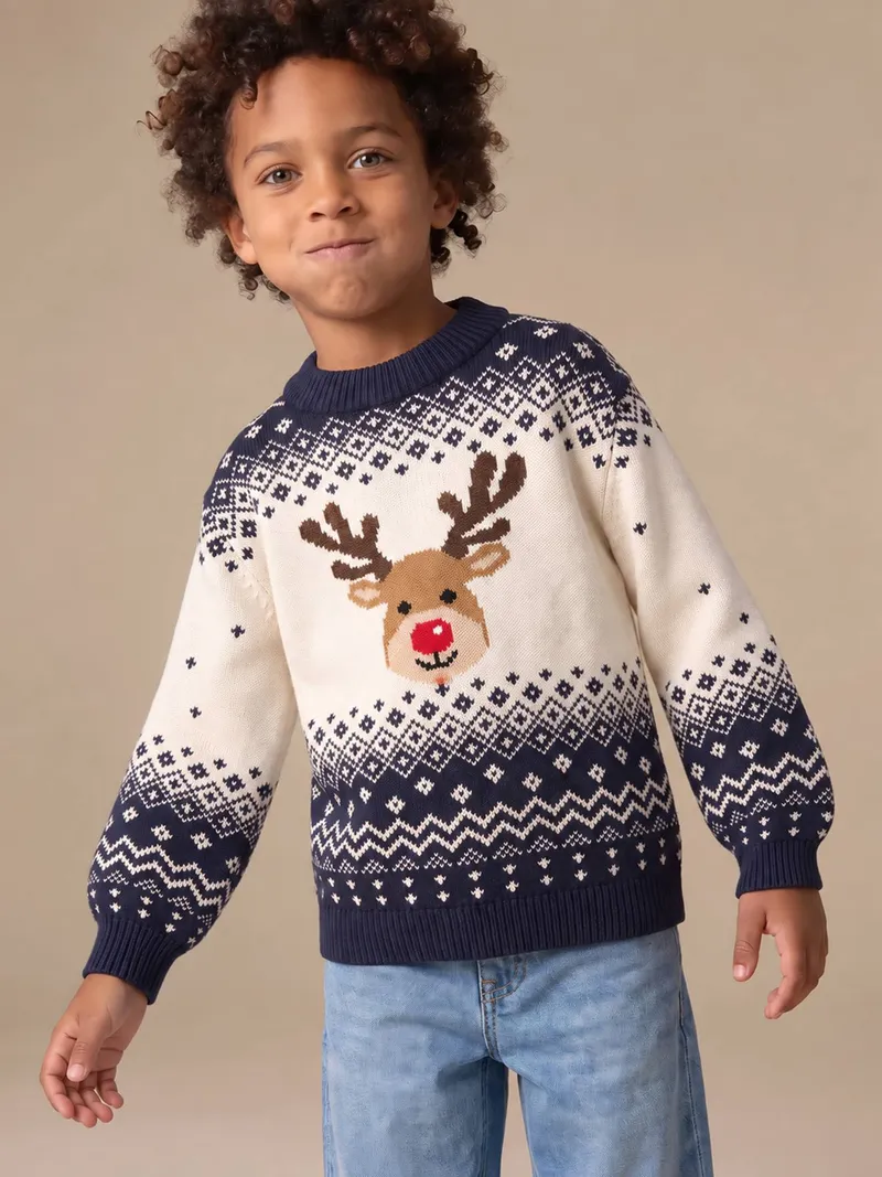 Vertbaudet Vertbaudet Kinder Pullover RENTIER Family Weihnachts-Capsule, Marine, – Produktbild 2 von 4