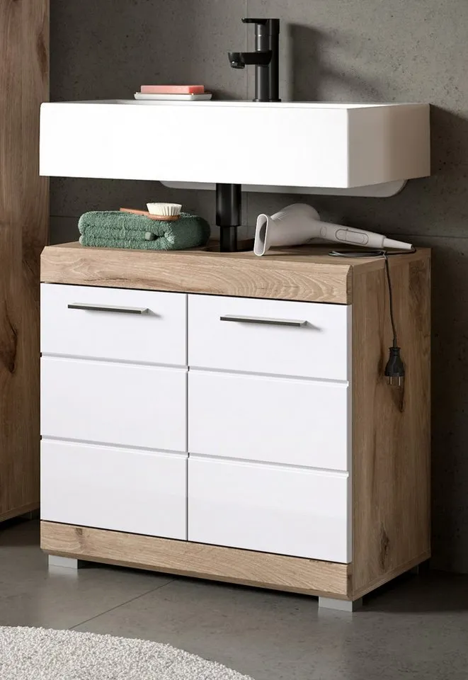 Inn.Furn Waschbeckenunterschrank Willow (Waschtisch in weiß Hochglanz mit Eiche, 60 x 56 cm) mit MDF-Fronten, Weiß, – Produktbild 2 von 5