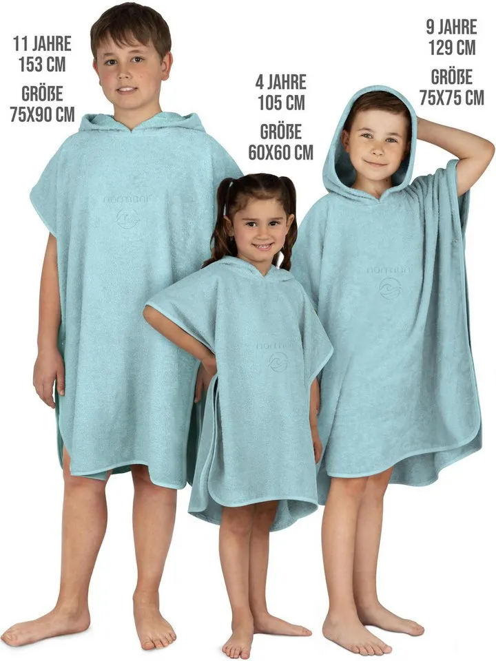 normani Badeponcho Badeponcho aus Bio-Baumwolle für Kinder, Bio-Baumwolle, Kapuze, Schlupf, Kinderbademantel mit Kapuze Strandponcho, Beige|blau, – Produktbild 3 von 5