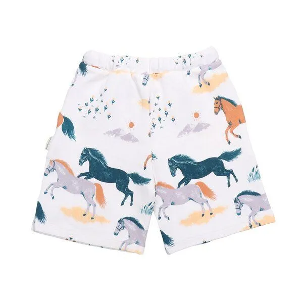Walkiddy Walkiddy Kinder Shorts GOTS-zertifiziert aus Bio-Baumwolle, Happy Horses, weiß mit buntem Pferde-Print, elastischer Bund & Kordelzug, Blau, – Produktbild 3 von 3