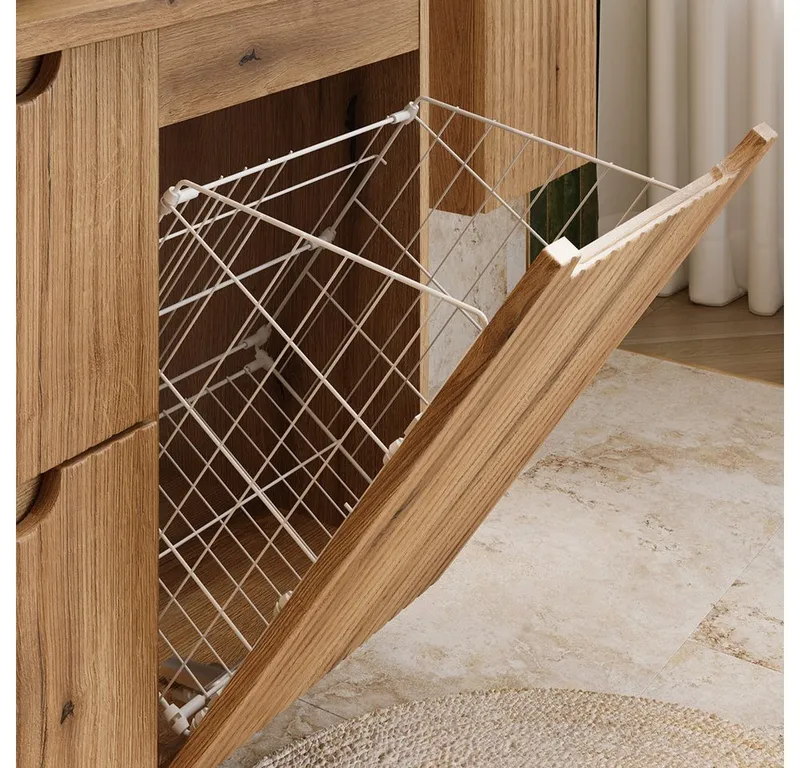 Lomadox Waschbeckenschrank NEWPORT-56-EVOKE 100 cm breit in Eiche, gerillte Front, 2 Schubladen & Wäschekorb, Braun, – Produktbild 2 von 5