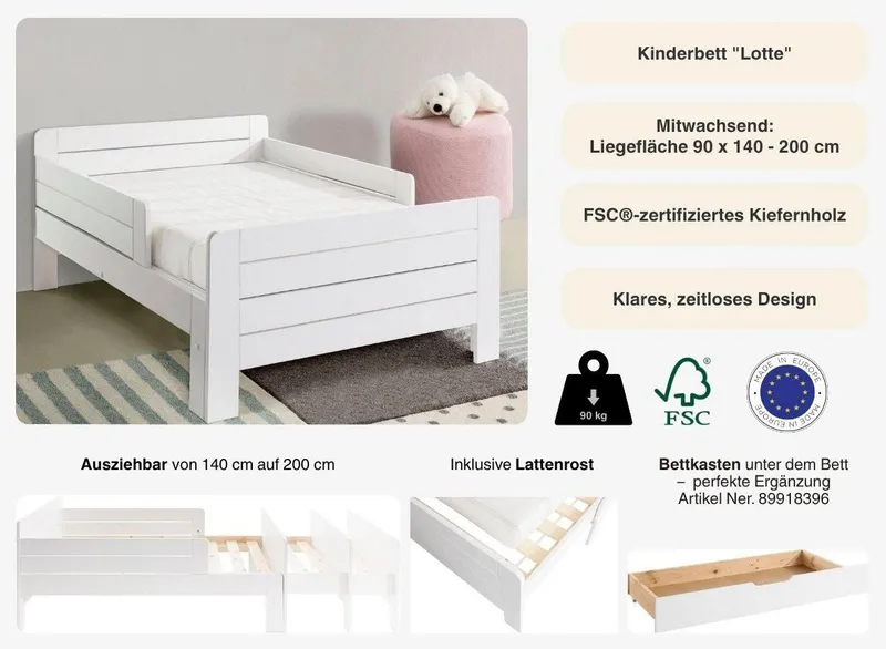 OTTO home Funktionsbett "LOTTE " Kinderbett mit Rausfallschutz, Schublade optional, Mitwachsend, FSC® zertifiziertes Massivholz, Weiß, – Produktbild 4 von 5