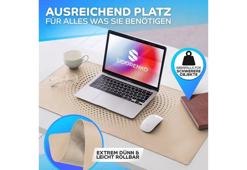 MAXLVL Gaming Mauspad Schreibtischunterlage - Mauspad mit Vernähte Kanten - abwaschbar (in 80x40 cm / 60x35 cm, Schreibtisch Unterlage für Büro), Tischunterlage Schreibtisch aus PU-Leder, Beige, – Produktbild 5 von 5