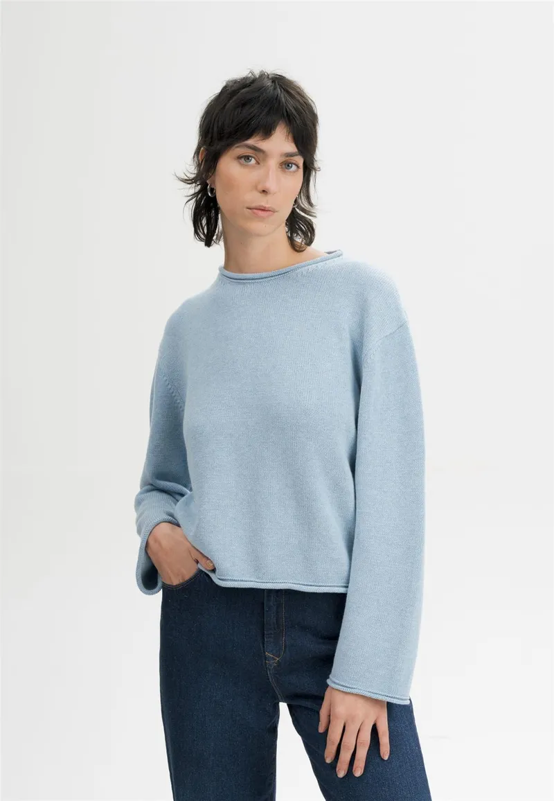 MELA MELA Rollsaum Strickpullover Style GEETHA aus 100% Bio-Baumwolle, Salty blue melange, – Produktbild 2 von 5