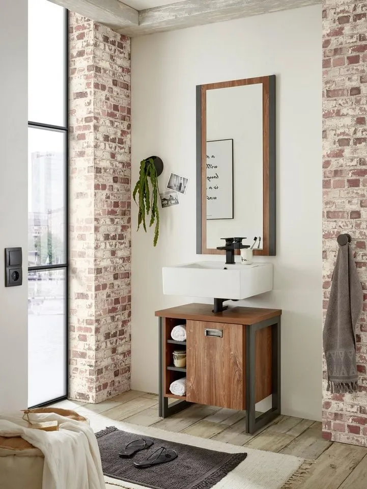 Home affaire Waschbeckenunterschrank Detroit, Waschtisch mit Apothekergriff, Badschrank im Industrialdesign Eiche Dekor, mit offenen Fächern & Stauraum, Breite 61 cm, Braun, – Produktbild 5 von 5