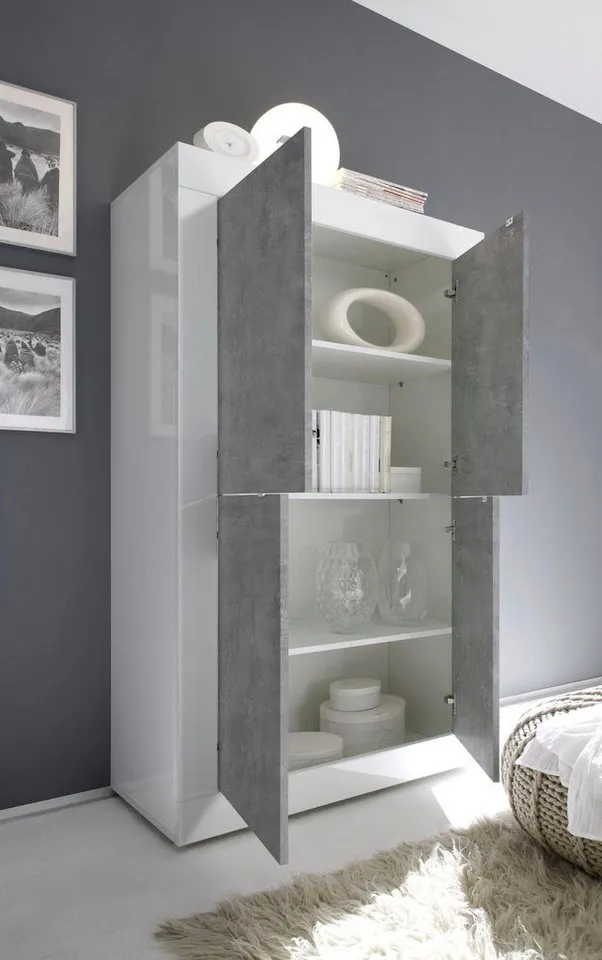 Home affaire Highboard Basic Höhe 162 cm, Breite 102 cm, Kommode 4 Türen, Hochkommode, Metallgriff, moderne Rahmenoptik, viel Stauraum, Farbauswahl, Weiß, – Produktbild 5 von 8