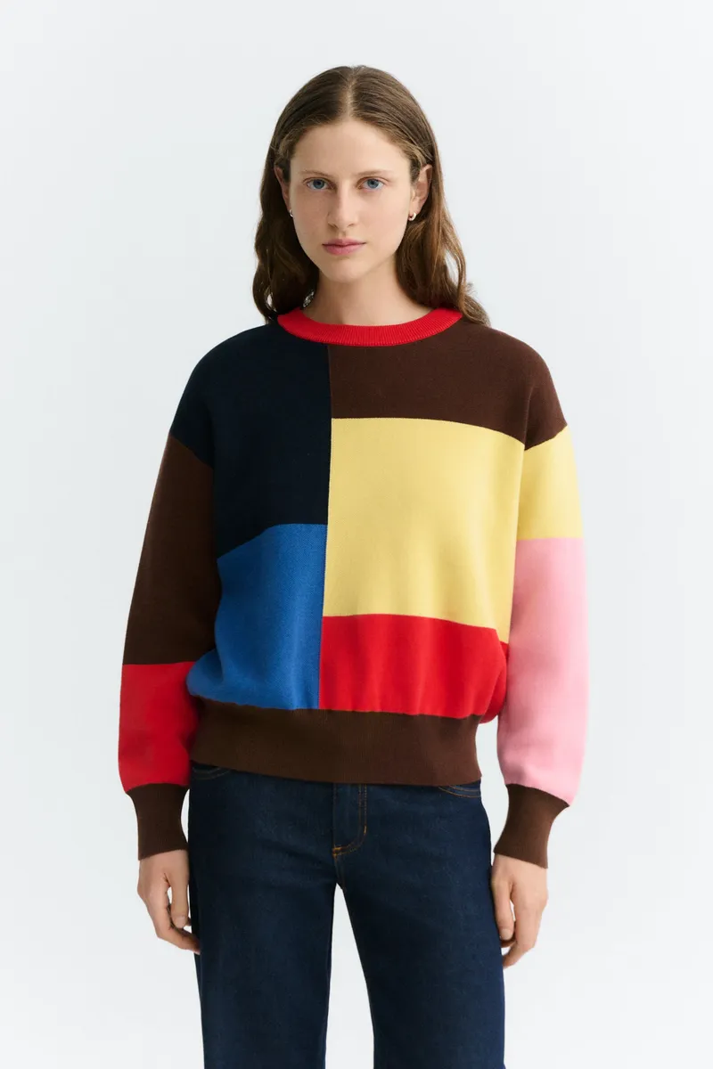 thinking mu Thinking MU Damen vegan Pullover Petra Color Block In Gelb/Braun/Rot, Dunkelbraun, – Produktbild 2 von 2