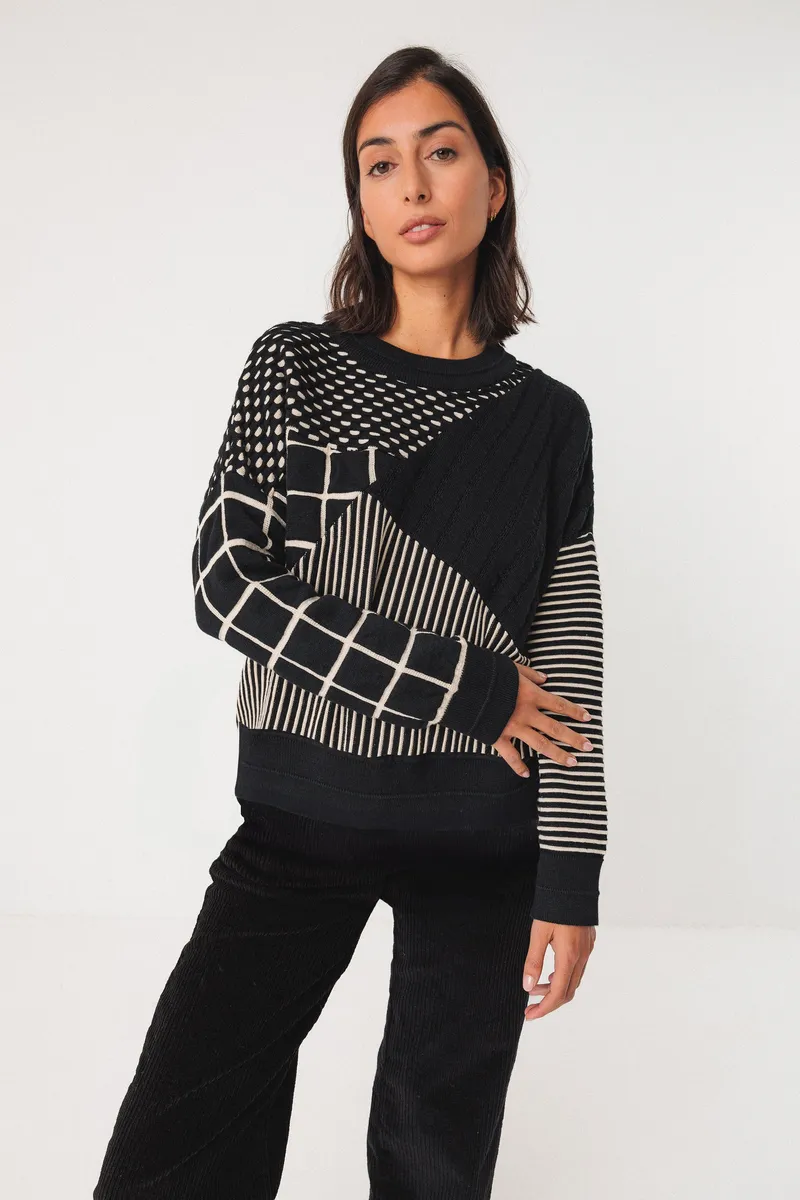 SKFK SKFK Damen vegan Pullover Ismene Schwarz/Weiß, Schwarz, – Produktbild 1 von 2
