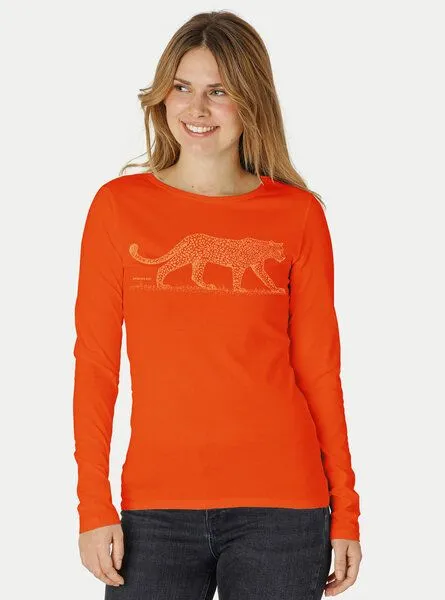 Peaces.bio - handbedruckte Biomode Peaces.bio - handbedruckte Biomode Bio-Damen-Langarmshirt Leopard, Orange, – Produktbild 1 von 2