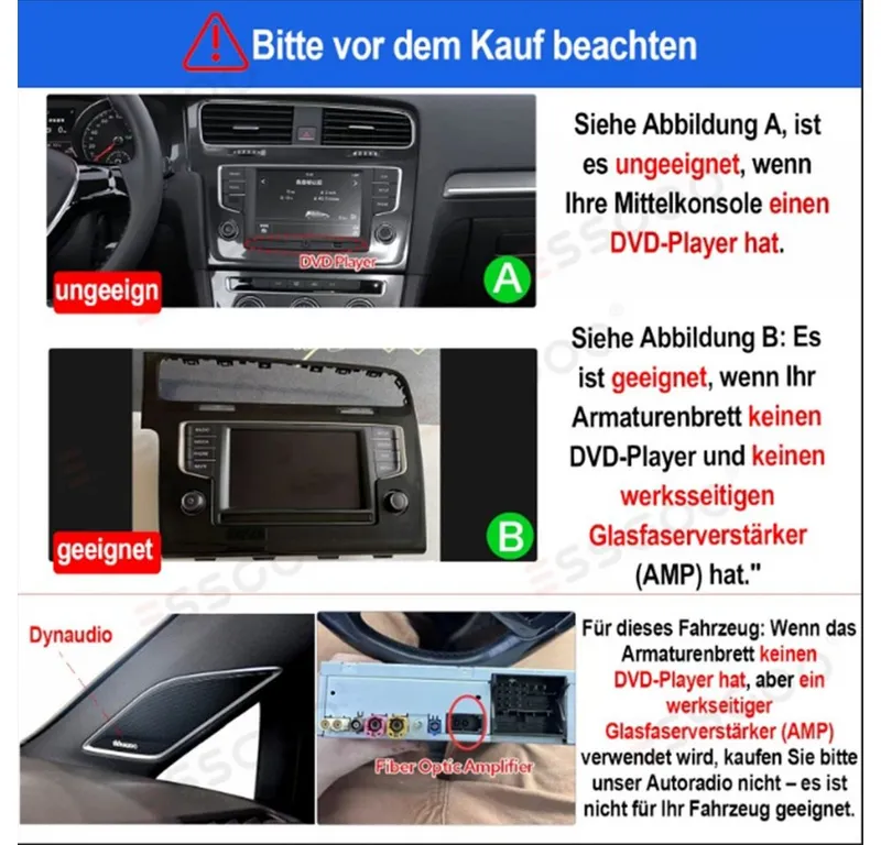 ESSGOO Für Golf 7 2013-2017 6+128GB 8-Kern NAVI Carplay QLED Autoradio (RDS, Digitalradio (DAB), FM, AM, Apple Carplay Android Auto 4G LTE ASP SWC BT GPS), Schwarz, – Produktbild 3 von 5