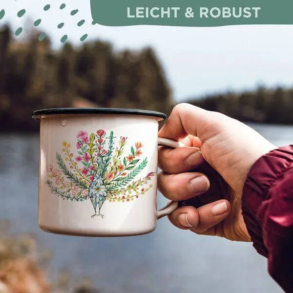 LIGARTI Emaille Tasse – Blumenpfau – LIGARTI Tiermanufaktur – Produktbild 4 von 4