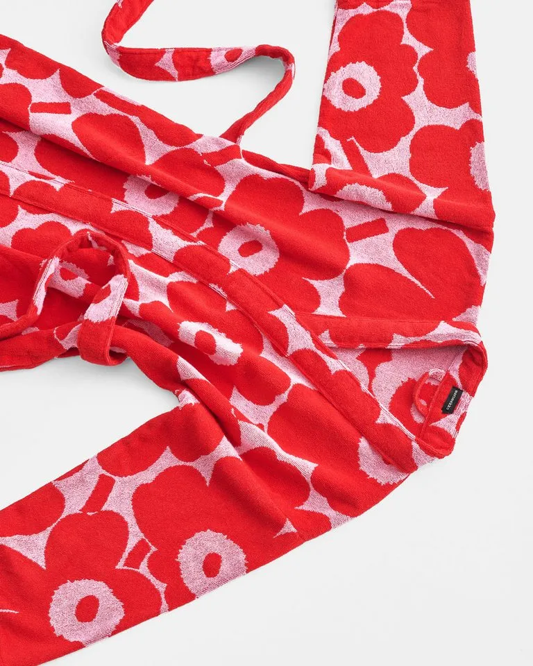 Marimekko Bademantel UNIKKO, Midilänge, Frottier, Kimono-Kragen, Gürtel, 100% Baumwolle, angenehm weich, Rosa|rot, – Produktbild 3 von 4