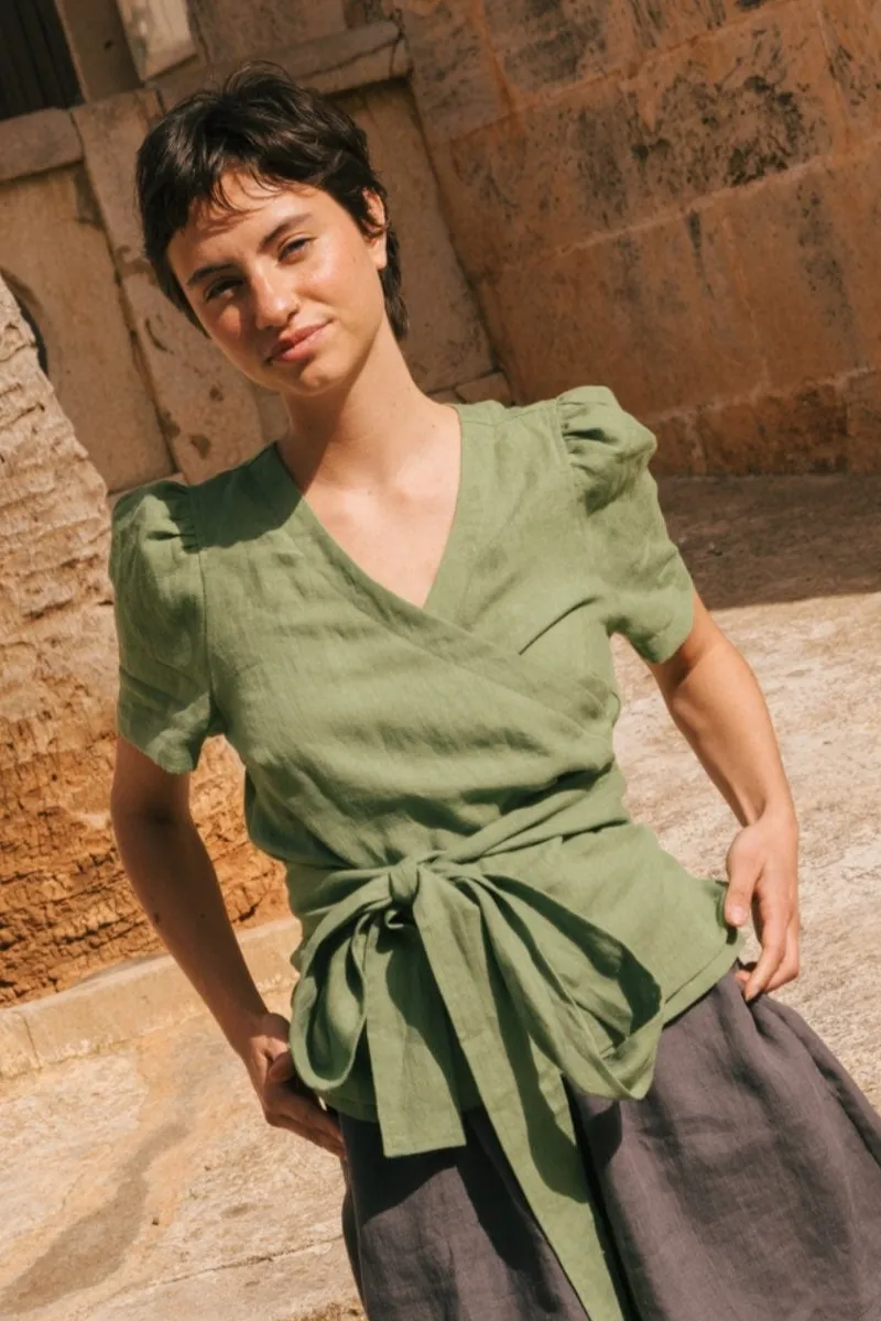 AmourLinen AmourLinen Damen vegan Wickeltop Elisa Matcha Grün, Grün, – Produktbild 2 von 2
