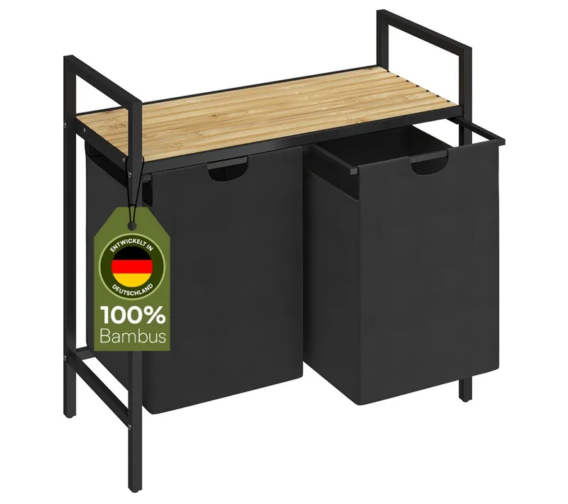 STEELSØN Wäschekorb Rigil aus Metall (2 Fächer (90 L) mit 1 Bambus-Ablage, schwarz), auch verfügbar mit 3 oder 4 Fächern, ausziehbar & abnehmbar, Schwarz, – Produktbild 1 von 5