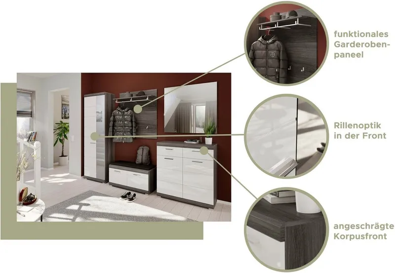 Home affaire Schuhschrank SIENA, Breite 90 cm, 2 Türen, 2 Einlegeböden, 3 Fächer, 2 Schubkästen (1-St., hochwertige Rillenfräsung in MDF Front) Schuhkommode, Kommode, Anrichte, Sideboard, Silberfarben, – Produktbild 4 von 8