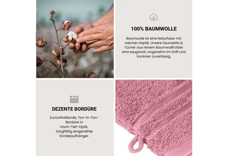 Schiesser Schiesser Waschhandschuh Milano Waschhandschuh-Set aus weicher Baumwolle in Frottier-Qualität, (5-St), mit Webbordüre, Rosa, – Produktbild 4 von 5