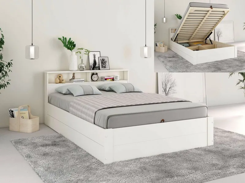 OTTO home Stauraumbett MAREILLES, Bett, Made in Europe, FSC® zertifiziertes Massivholz (140x200cm und 180x200cm), Massivholz, Hebemechanismus, Stauraum im Kopfteil und unter dem Bett, Weiß, – Produktbild 8 von 8