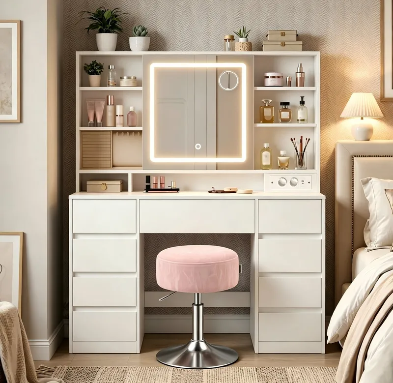 VASAGLE Schminktisch Hocker Steckdosenleiste (1 Tisch mit 1 Hocker), 10x Vergrößerungsspiegel, 3 Lichtfarben, werkzeuglose Gleitschienen, Rosa, – Produktbild 1 von 5