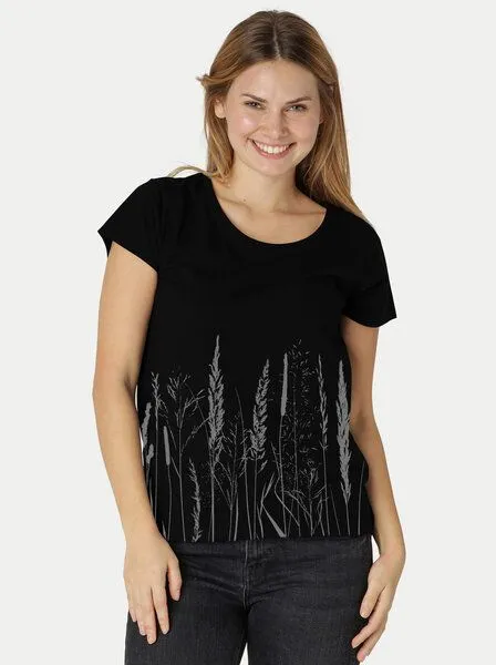 Peaces.bio - handbedruckte Biomode Peaces.bio - handbedruckte Biomode Bio-Damen-Loosefit-T-Shirt Gräservielfalt, Schwarz, – Produktbild 1 von 3