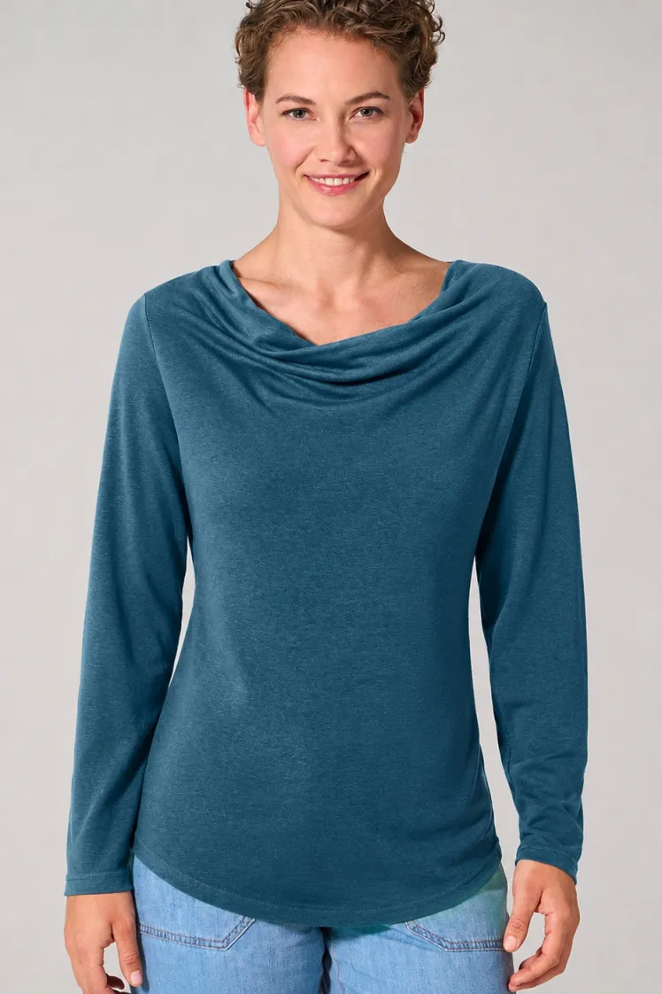 HempAge Hempage Damen vegan Top Mit Langen Ärmeln Und Wasserfallausschnitt, Reef, Blaugrün, Blau, – Produktbild 2 von 2
