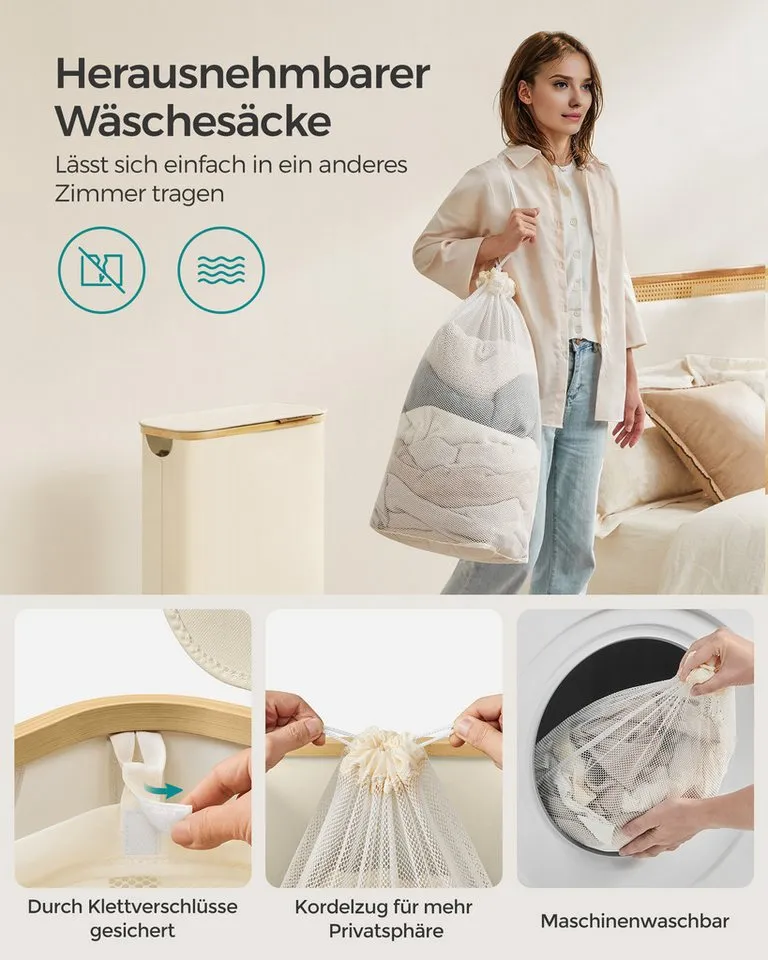 SONGMICS SONGMICS Wäschekorb mit Deckel, herausnehmbarer Einsatz, Bambus‑Rahmen, Oxford‑Gewebe, 65 L, 42 x 22,5 x 70,5 cm, mit Deckel, platzsparend, Griffe aus Bambus, Weiß, – Produktbild 5 von 5