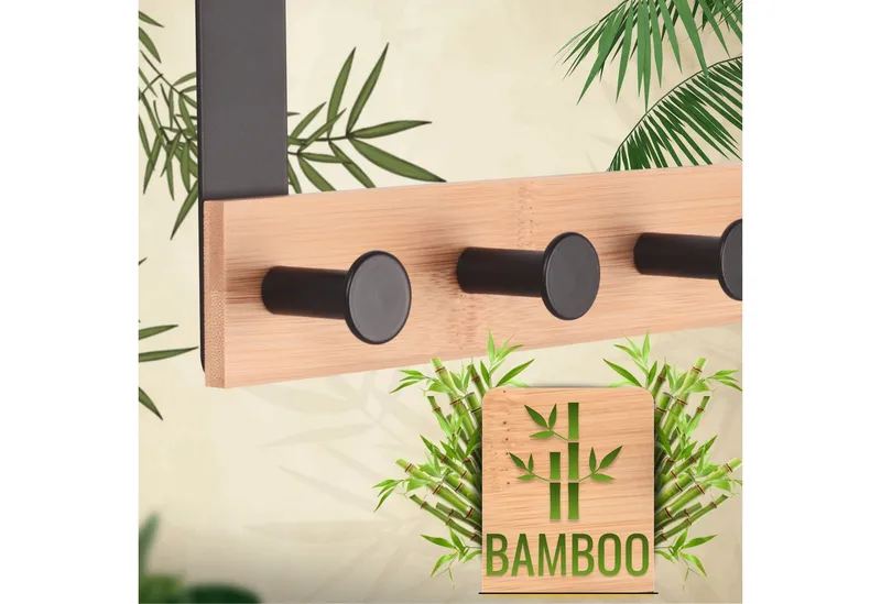 RICOO Garderobenleiste Tür Hakenleiste Hängegarderobe Türhakenleiste aus Bambus Stahl 4 Haken (1-er Set / 1 Stk. / MH029N-4, 1 St., Türgarderobe Garderobenhaken Tür Hakenleiste Platzsparende Garderobe), Garderobe ohne Bohren Kleiderhaken Tür bis max 23mm Türbreite, Braun, – Produktbild 2 von 5