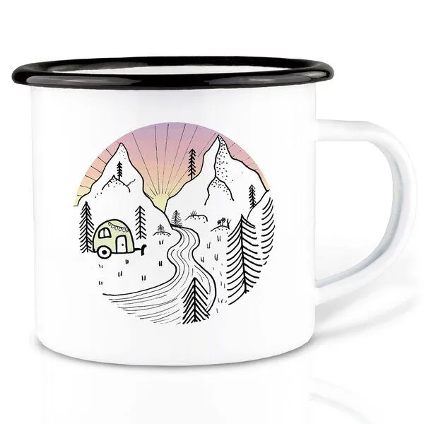 LIGARTI Emailletasse »Camping Day and Night« von LIGARTI | 300 oder 500 ml | handveredelt in Deutschland | Cup, Kaffeetasse, Emaillebecher, Camping Becher – Produktbild 1 von 1