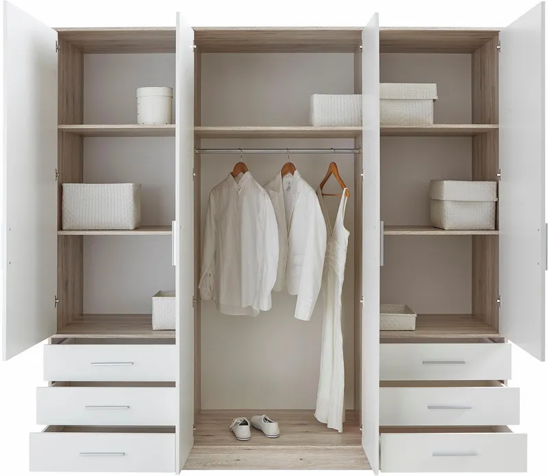 FORTE Kleiderschrank Jupiter, Made in Europe, mit 6 Schubladen, Stauraum (Maße B/H/T ca. 207/200 cm/60) Stauraum, 2 Breiten, 4 Farben, Schubladen, variable Einlegeböden, Weiß, – Produktbild 6 von 8