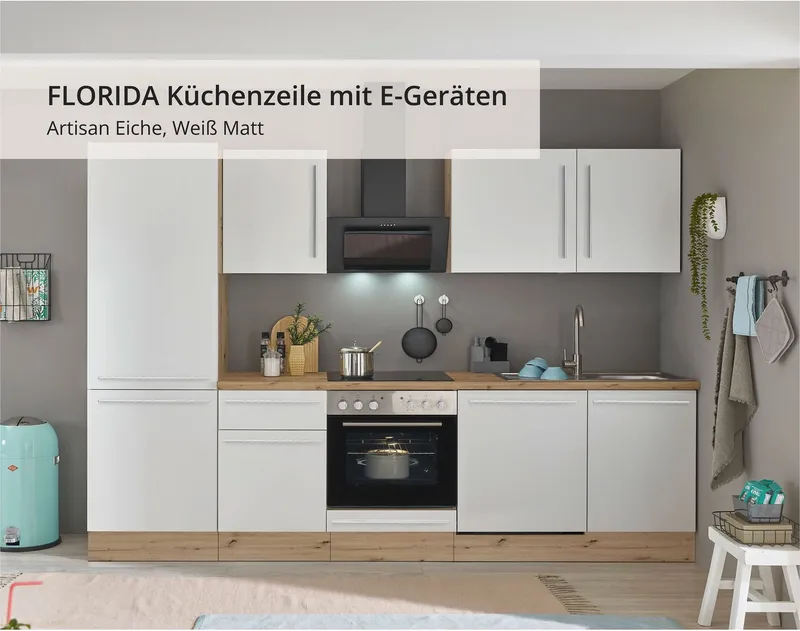 KOCHSTATION Küchenzeile KS-Florida mit 38mm starker Arbeitsplatte, Breite 280 cm, wahlweise mit E-Geräten, Soft-Close-Funktion, Weiß, – Produktbild 2 von 8